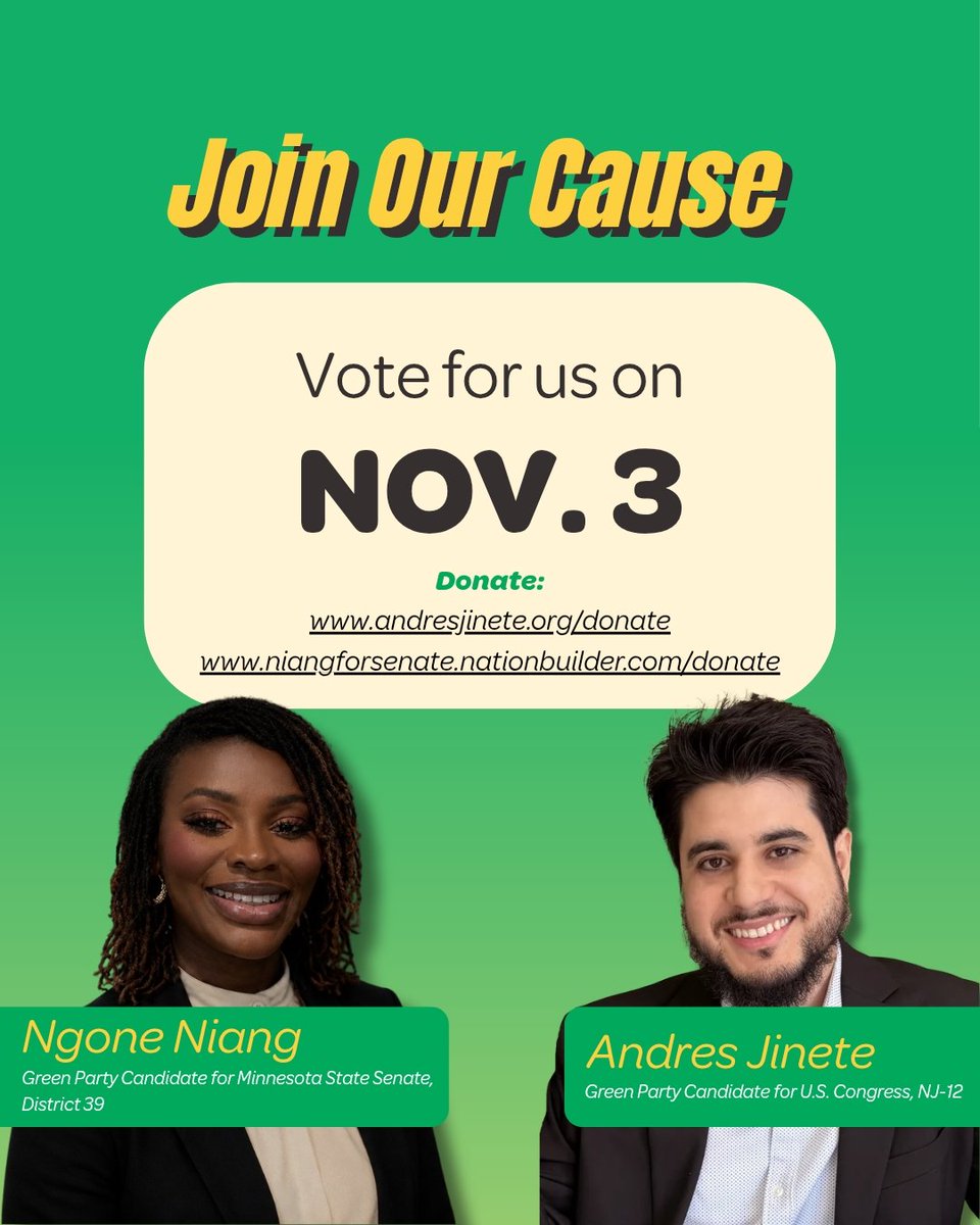 andresfjinete's tweet photo. Proud to share that we've been cross-endorsed by Ngone Niang, candidate for Minnesota State Senate District 39. Our campaigns are built on the same values, and I couldn't be more excited to have her in our corner.

@GreenPartyUS @MnGreens @GreenPartyofNJ @GPUSyouth https://t.co/zLAnIp3n6j