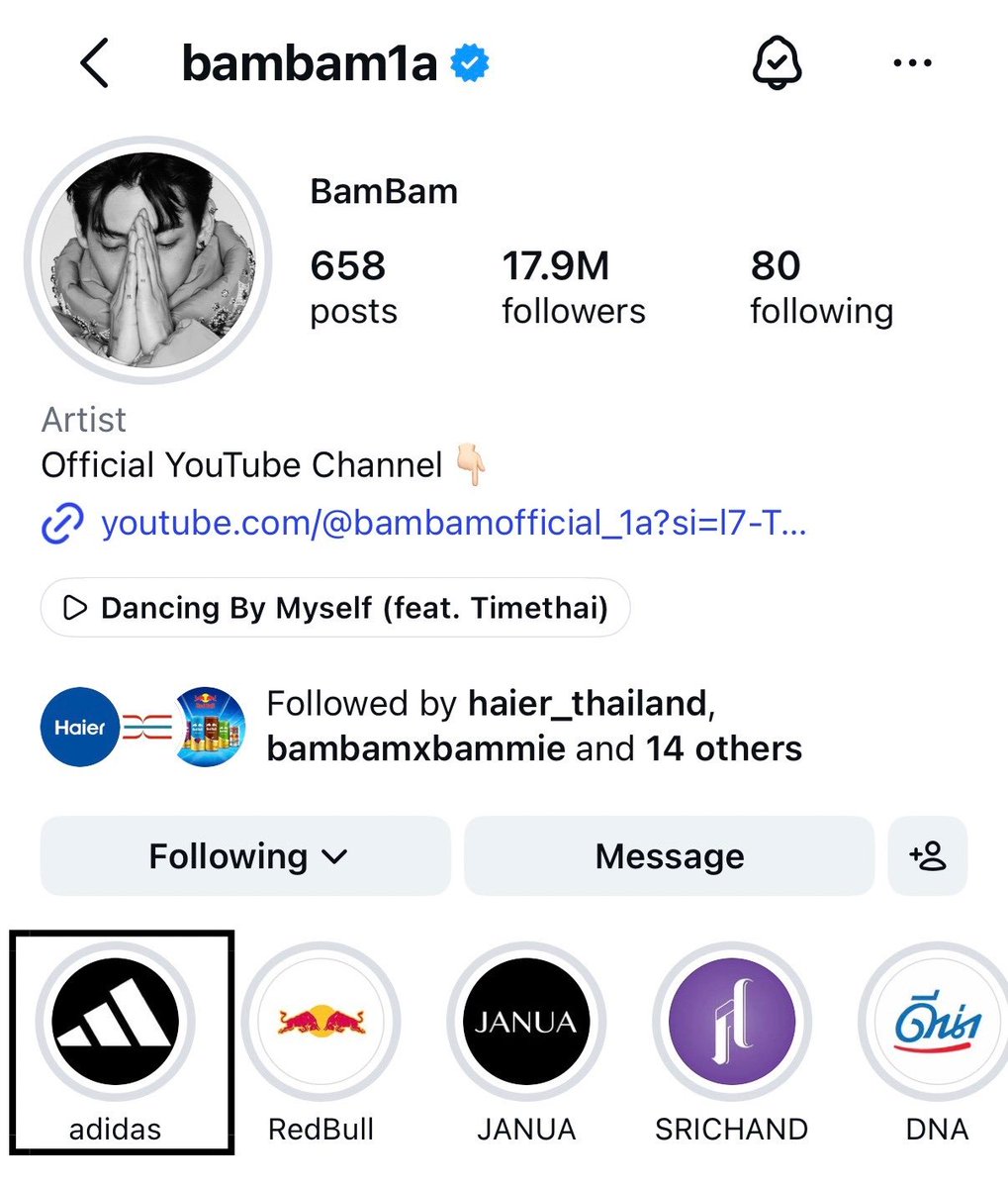BamBamBooster's tweet photo. 260731 | BamBam’s IG UPDATE 

BamBam เพิ่ม adidas บน Highlights ไอจีของน้องด้วยค่ะ adidas น่าจะเป็นอีกหนึ่งแบรนด์ที่ BamBam เข้าร่วมสู่ Family อย่าลืมเติมเอ็นเกจเมนต์ให้กันต์เยอะๆ น้า🖤

#AdidasxBamBam 
#adidasOriginals #adidas 
#adidasThailand @adidas 
#BamBam #뱀뱀 @BamBam1A https://t.co/DC4nEHgtQU