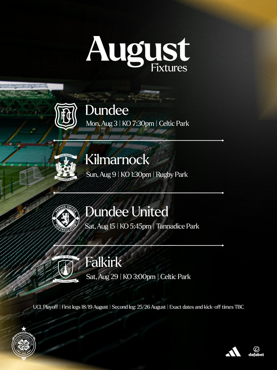 CelticFC's tweet photo. 📅 August fixtures

A busy month ahead for the Bhoys

#CelticFC🍀 https://t.co/qia9zOnwd6