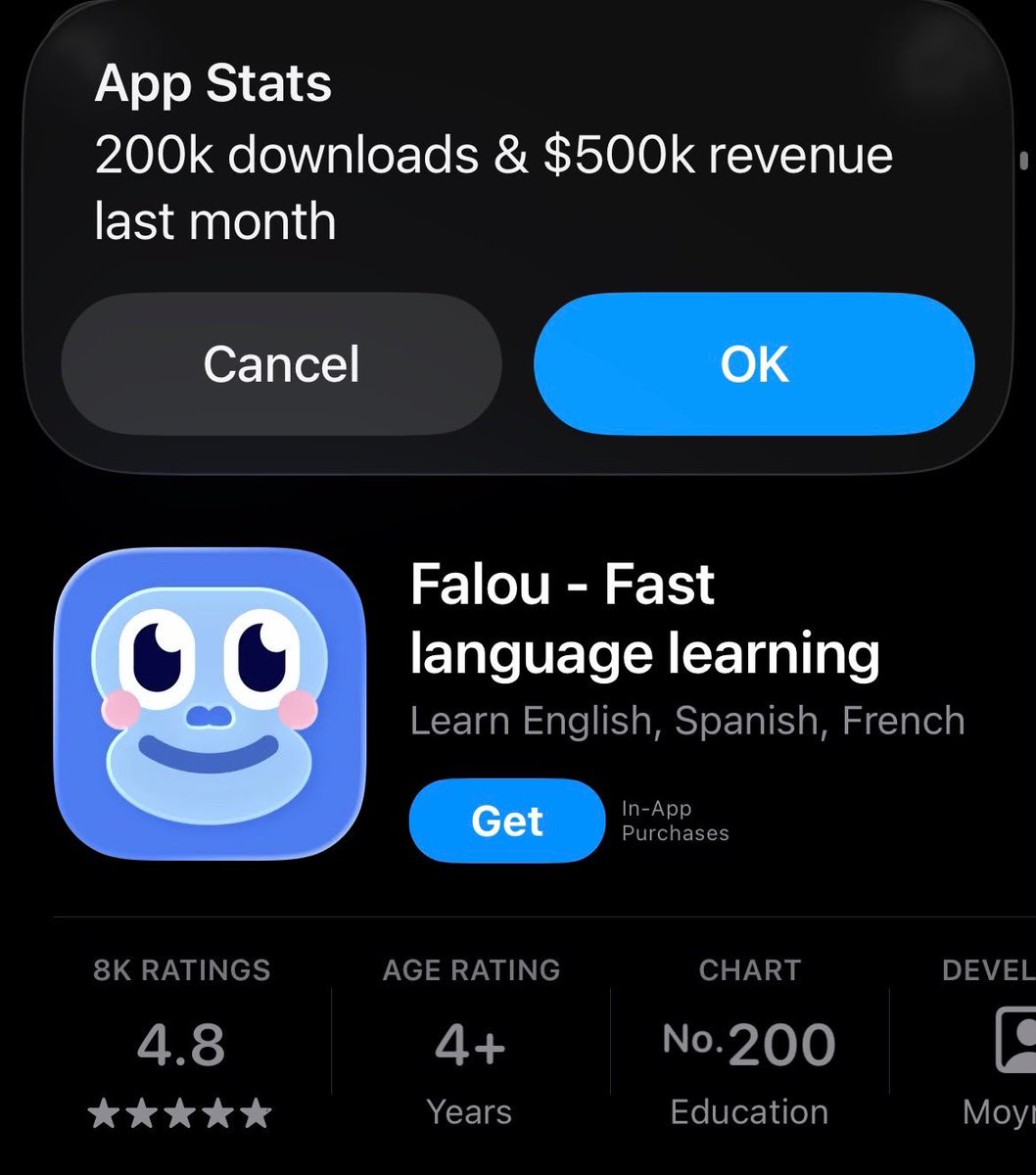 Sergio__bm's tweet photo. everyone is scared of “saturated” niches  

but those are usually the ones that already work  this language app is inspired by duolingo

100k downloads and $500 last month 
you don’t need to invent something new

take a proven market
add your own twist
and execute better https://t.co/likuq8upiX