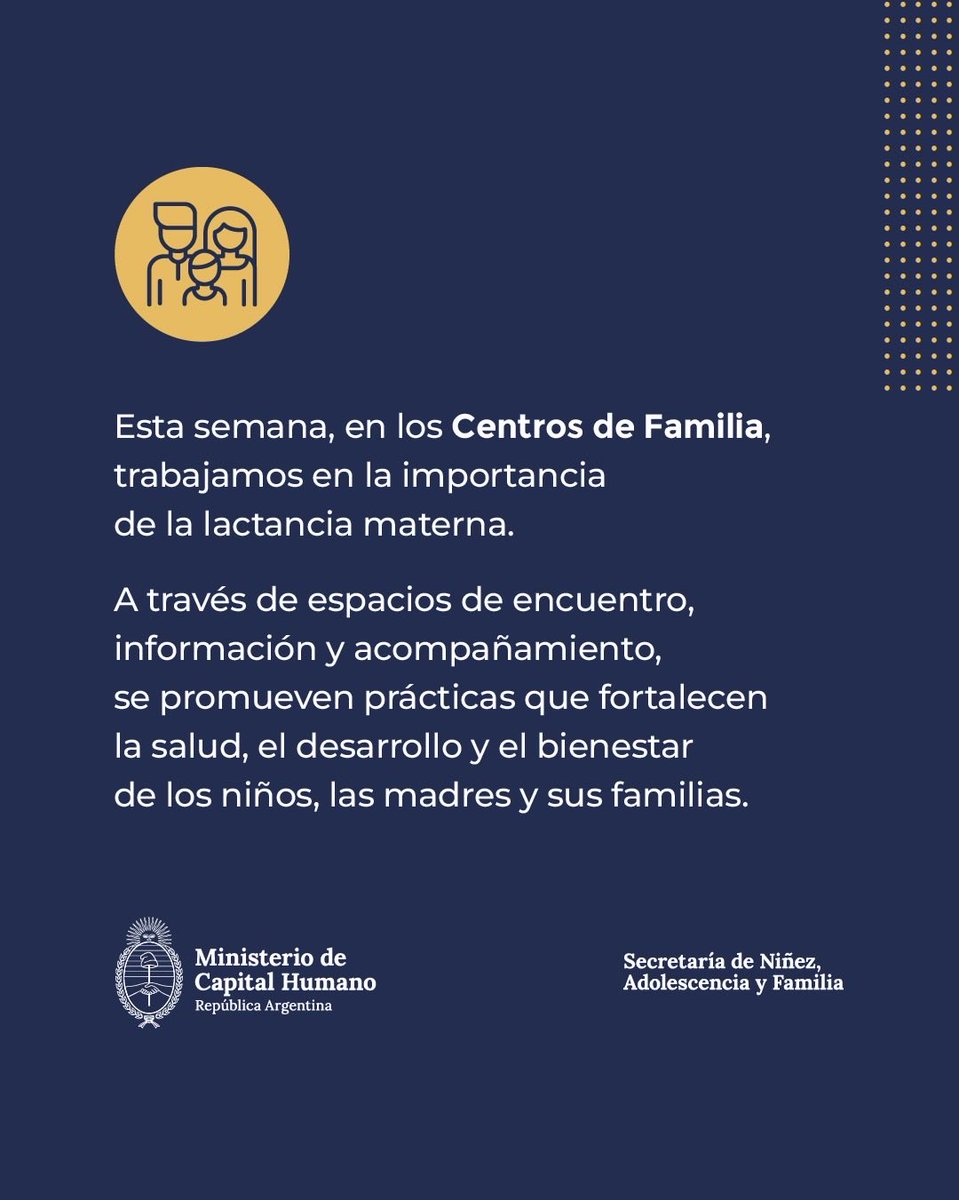 SPettovelloOK's tweet photo. 1 al 7 de agosto | Semana Mundial de la Lactancia Materna 
La lactancia es una experiencia que fortalece el vínculo entre la madre y el bebé y acompaña el desarrollo durante los primeros años de vida.

Se recomienda que sea exclusiva durante los primeros seis meses de vida y, continúe junto hasta los dos años junto a la alimentación complementaria.
Información clara, tiempo, espacios adecuados y redes de apoyo son claves para sostenerla. 
Desde el Ministerio de Capital Humano reafirmamos nuestro compromiso de acompañar a las familias y promover prácticas de crianza basadas en el buen trato y los cuidados.
@JMilei