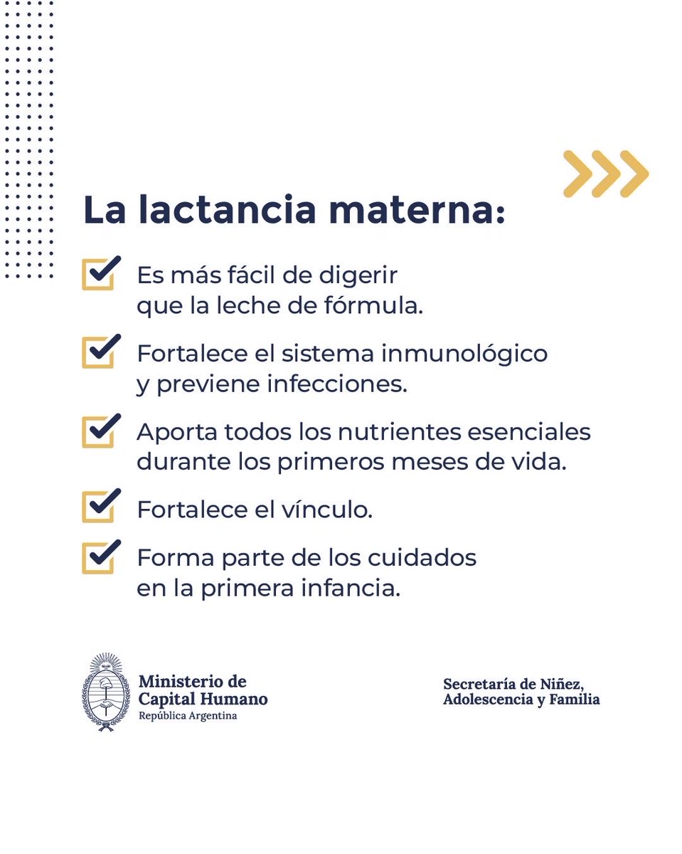SPettovelloOK's tweet photo. 1 al 7 de agosto | Semana Mundial de la Lactancia Materna 
La lactancia es una experiencia que fortalece el vínculo entre la madre y el bebé y acompaña el desarrollo durante los primeros años de vida.

Se recomienda que sea exclusiva durante los primeros seis meses de vida y, continúe junto hasta los dos años junto a la alimentación complementaria.
Información clara, tiempo, espacios adecuados y redes de apoyo son claves para sostenerla. 
Desde el Ministerio de Capital Humano reafirmamos nuestro compromiso de acompañar a las familias y promover prácticas de crianza basadas en el buen trato y los cuidados.
@JMilei