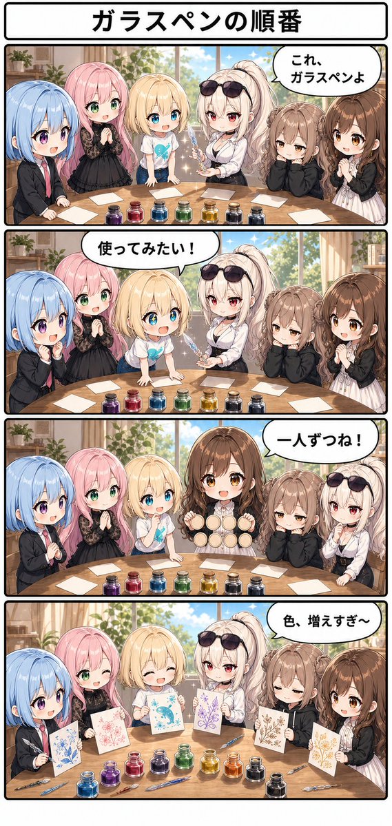 moekaikei's tweet photo. きれいな色を見ると、全部試したくなる。  
6人で一人ずつのはずが、色だけ増えていく午後。  
#ガラスペン #4コマ漫画 #日常漫画 #萌え会計事務所 https://t.co/8WUgmJdsys