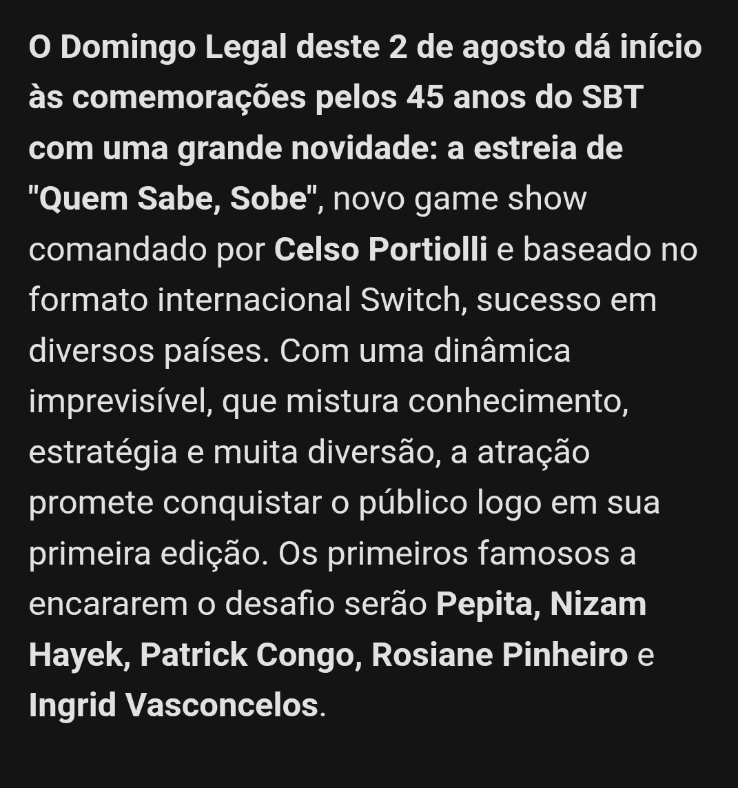 ClebersonP's tweet photo. #DomingoLegal estreia #QuemSabeSobe e reune nomes do #BakeOffBrasil e da #CasaDosArtistas no #PassaOuRepassa em mês de celebração pelos 45 anos do #SBT

Pepita, Nizam Hayek, Patrick Congo, Rosiane Pinheiro e Ingrid Vasconcelos participam do novo game comandado por @celsoportiolli https://t.co/kEj55KVjHl