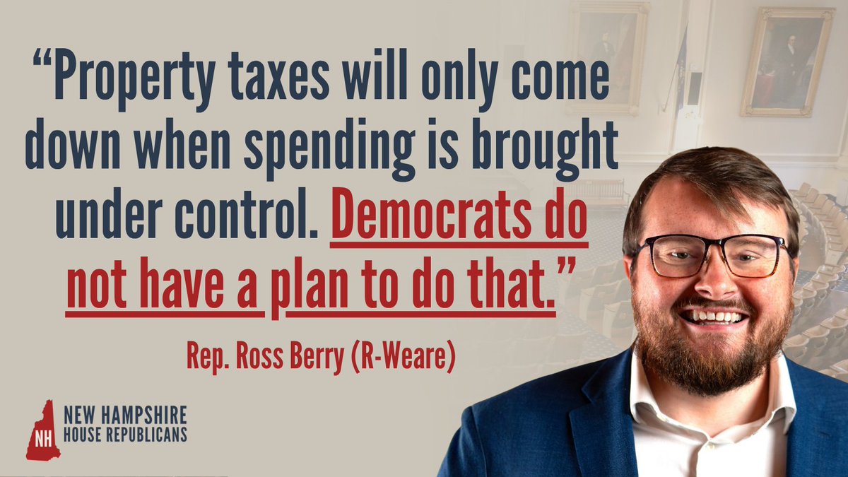 NHHouseGOP's tweet photo. ICYMI: The Democrats have ZERO plan to solve property taxes in our state except for raising other taxes.

This will do NOTHING to make life more affordable for you or your family.

Hear from @Ross_Berry in the Concord Monitor, or at https://t.co/kdUZMfxL1B https://t.co/aSOFxEwxy7