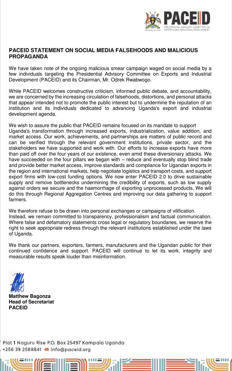 paceidug's tweet photo. STATEMENT: PACEID has noted the circulation of false and misleading information targeting the institution and its Chairman. We remain committed to transparency, professionalism and delivering on Uganda's export and industrial development agenda. 
Read our full statement below. https://t.co/CIMWDMhQwd