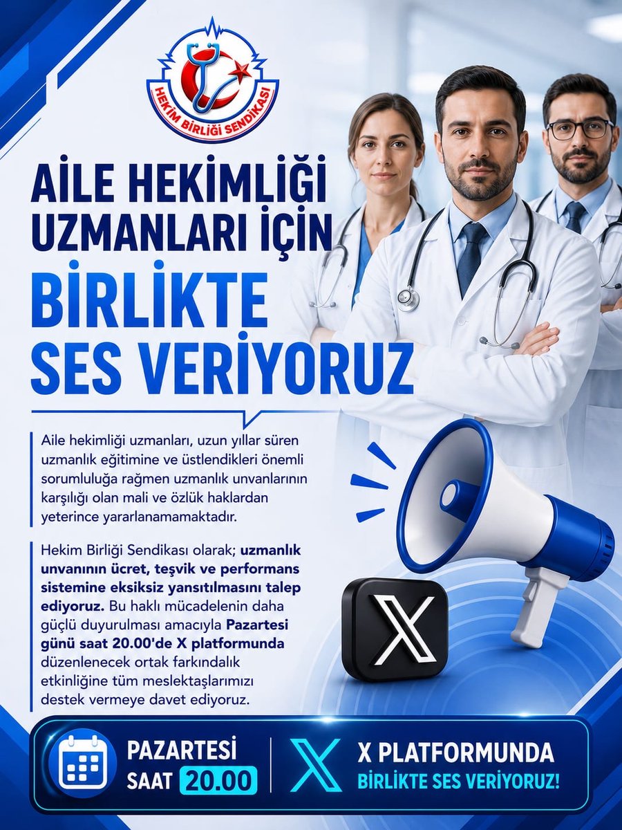 hekim_birligi's tweet photo. Aile Hekimliği Uzmanlarının Haklı Mücadelesine Destek Çağrısı

Birinci basamak sağlık hizmetleri, toplum sağlığının korunmasında, hastalıkların önlenmesinde ve sağlık sisteminin sürdürülebilirliğinde hayati bir öneme sahiptir. Bu hizmetlerin niteliğinin korunması ve güçlendirilmesi, birinci basamakta görev yapan hekimlerin bilgi, deneyim ve uzmanlığının hak ettiği değeri görmesiyle mümkündür.

Bugün aile hekimliği uzmanları, üstlendikleri sorumluluğa ve uzun yıllar süren uzmanlık eğitimine rağmen, uzmanlık unvanlarının gerektirdiği mali haklardan yeterince yararlanamamaktadır. Mevcut ücretlendirme, teşvik ve performans uygulamaları uzmanlık eğitimini teşvik eden değil, aksine uzmanlık unvanını mali açıdan karşılıksız bırakan bir yapıya dönüşmüştür. Bu durum, aile hekimliği uzmanları açısından her geçen gün daha da büyüyen bir hak kaybına neden olmaktadır.

Hekim Birliği Sendikası olarak; aile hekimliği uzmanlarının uzmanlık unvanlarının ücret, teşvik ve diğer tüm mali haklara eksiksiz şekilde yansıtılmasını, performans uygulamalarındaki eşitsizliklerin giderilmesini ve mesleki statülerine uygun özlük ile mali haklara kavuşturulmalarını talep ediyoruz.

Aile hekimliği uzmanlarının haklı taleplerinin daha güçlü duyurulabilmesi amacıyla AHEF, TAHUD ve diğer meslek örgütleriyle birlikte Pazartesi günü saat 20.00’de X platformunda gerçekleştirilecek ortak farkındalık etkinliğine tüm meslektaşlarımızı destek vermeye davet ediyoruz.

Birinci basamağın güçlenmesi, aile hekimliği uzmanlarının emeğinin ve uzmanlık birikiminin hak ettiği değeri görmesiyle mümkündür. Güçlü bir birinci basamak, güçlü bir sağlık sisteminin en önemli güvencesidir.

Hekim Birliği Sendikası
