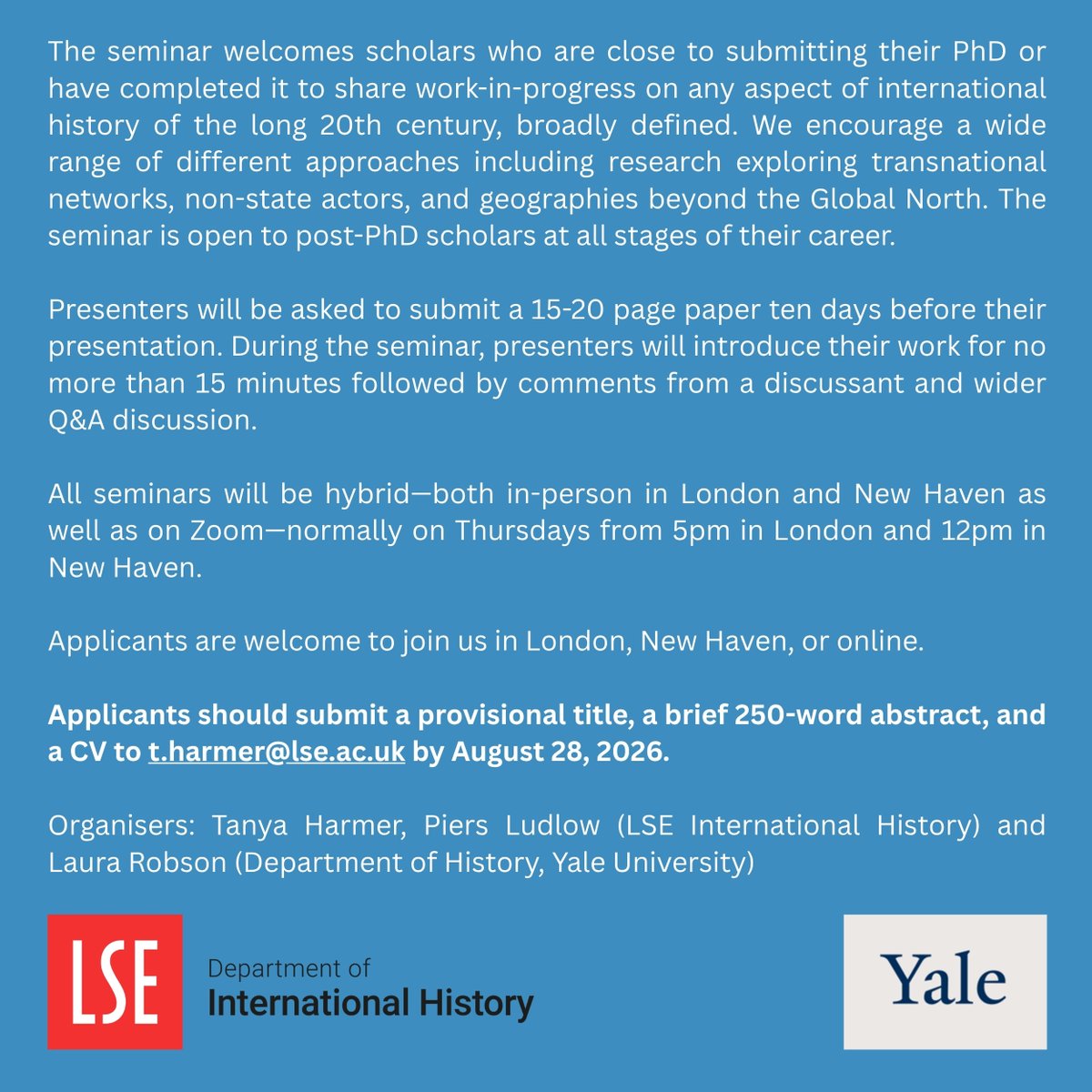 lsehistory's tweet photo. The LSE-Yale Seminar in Contemporary International History — a joint seminar between the LSE International History Department and the Department of History at Yale University — invites proposals for the 2026-2027 academic year. 

#LSE #Yale #history #seminar https://t.co/gbcIKmDIfb