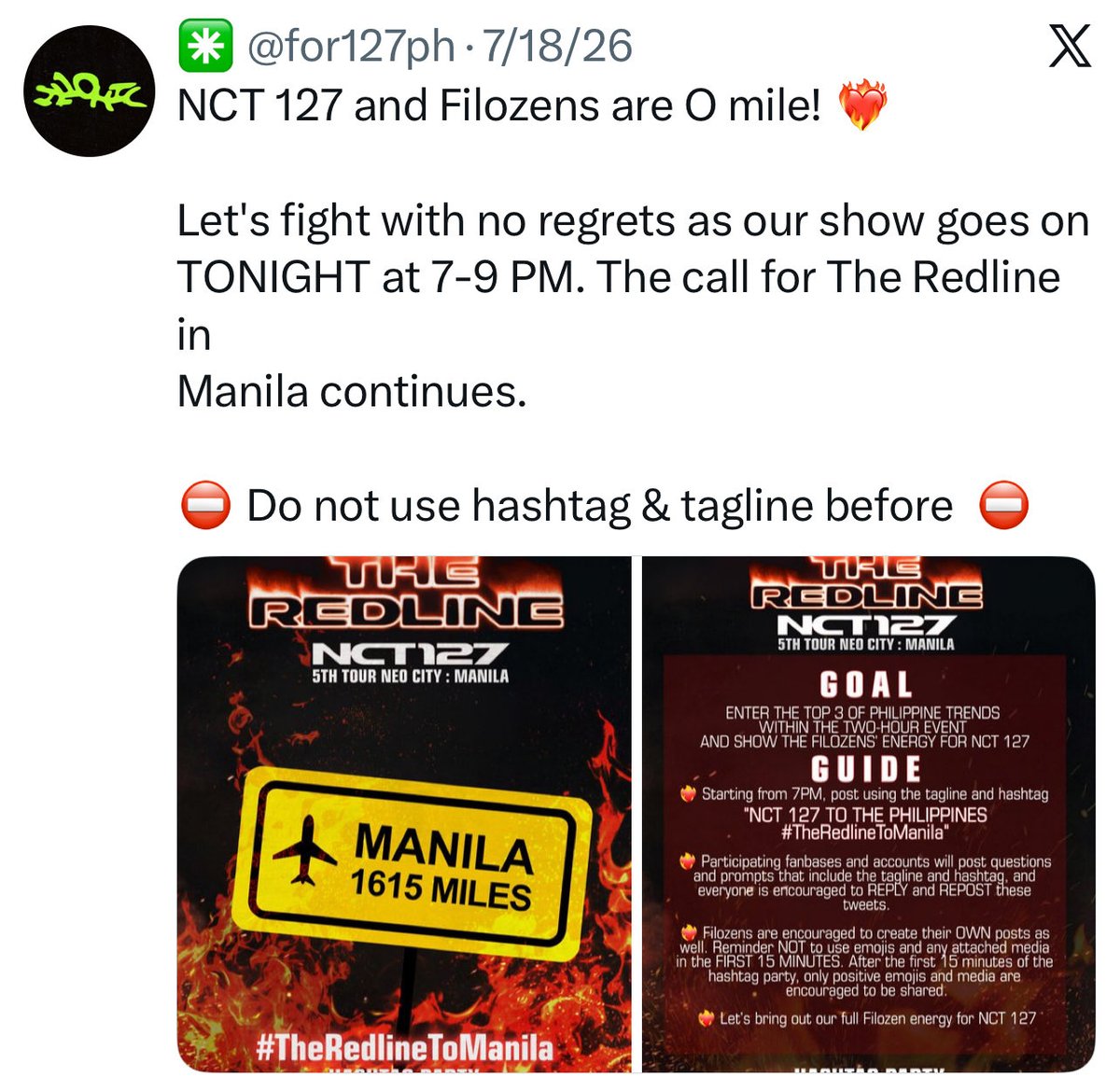 for127ph's tweet photo. Since July 9, we’ve come together to make our voices heard to show how much we want NCT 127 back in the Philippines!

Looking back, we thank you so much for every engagement (regardless of platform) to make this concert possible.

Now, let’s make #NCT127inMANILA2026 memorable! 🥰 https://t.co/3h9l9yWZ6Y
