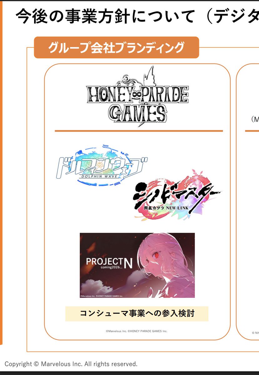 maguro_alterich's tweet photo. おい！！！！
マーベラスの決算資料にハニパレがコンシューマ事業への参入検討って書いてあるぞ！！！！
シノマス展のやつマジで進めてるらしいな！！！ https://t.co/fZ5ss6Nnnq
