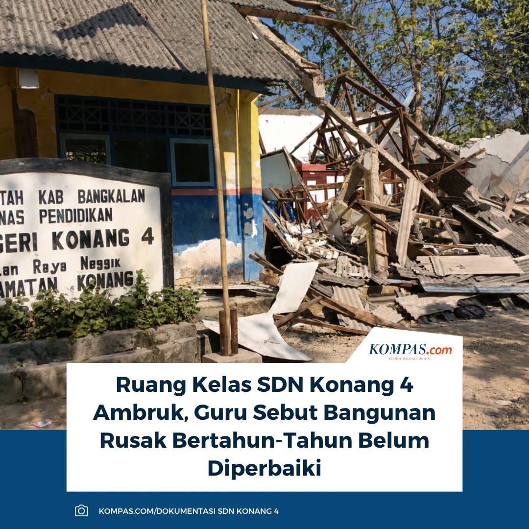 AH27802154's tweet photo. Ruang kelas 6 SDN Konang 4, 
Bangkalan, ambruk setelah 
bertahun-tahun rusak dan 
sempat dikosongkan karena 
menunjukkan tanda-tanda kerusakan.

Guru SDN Konang mengatakan langkah 
itu membuat guru dan siswa selamat 
saat bangunan akhirnya roboh. https://t.co/0Ke8eh8CqS