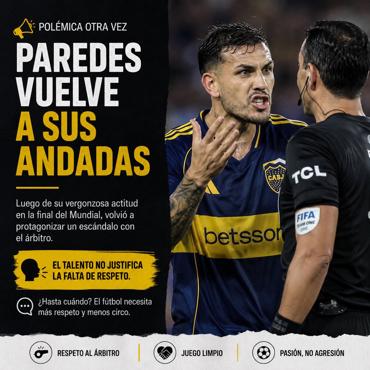 Joshuaakimmich6's tweet photo. Cuando un comportamiento se repite deja de ser una excepción y pasa a ser un patrón. Paredes vuelve a estar en el centro de la polémica por su actitud con el árbitro. El talento nunca debería quedar eclipsado por la falta de deportividad.
#Paredes #Fútbol #FairPlay #Respeto https://t.co/QirTcyZ8Uq