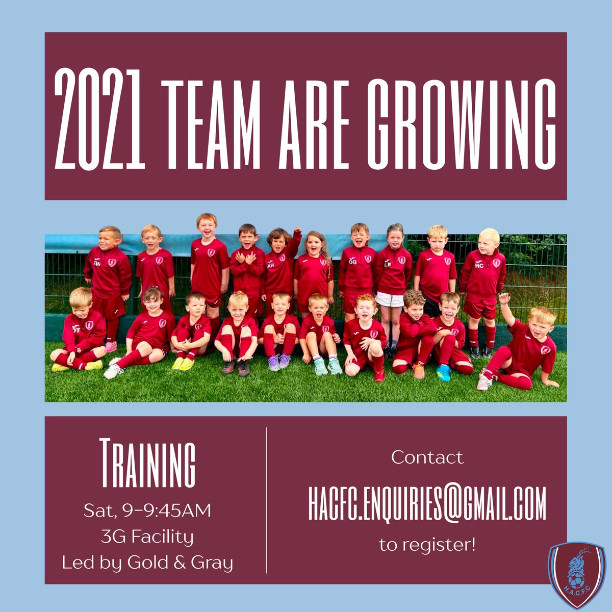 HaddingtonACFC's tweet photo. Our 2021 team is growing ⚽️👏

The team trains on Saturday mornings from 9AM to 9:45AM at the 3G facilities, led by Gold &amp; Gray

📧 Reach out to hacfc.enquiries@gmail.com if you’d like to register! https://t.co/3CMzJ1m44V