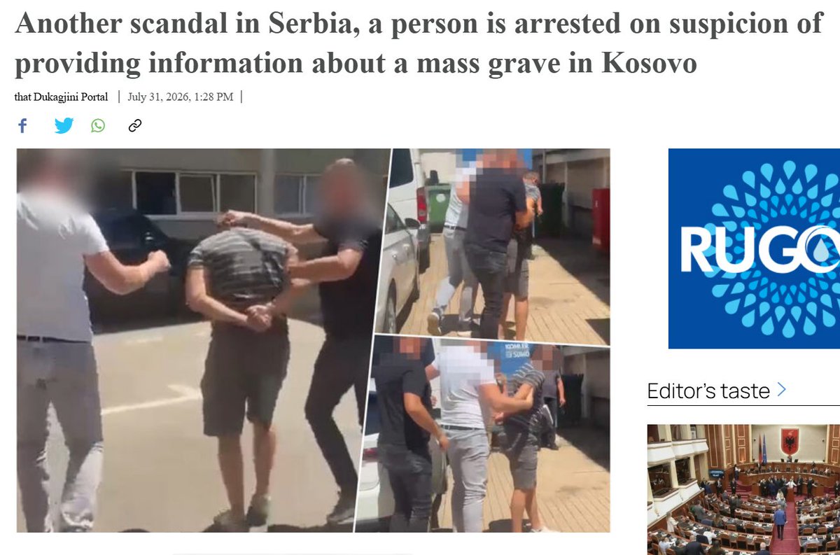 gurakuqkuqi's tweet photo. Serbia arrests a man of Istog origin because he is suspected of providing information about the mass grave in Kalludër e Vogël.

R.T. (46) was detained in Kraljevo under the charge of “espionage.” According to Serbian authorities, he collaborated with Kosovo’s intelligence services and transmitted data related to the location where the suspected remains of 23 Albanian intellectuals who disappeared in 1999 are now being excavated.

So, at the very moment when excavations for the victims begin, Belgrade treats the uncovering of the truth as an act of espionage.

This clearly shows how much they fear the truth about mass graves and justice for the missing persons.

#Kalluder #MassGrave #MissingPersons #WarCrimes #Justice #ZubinPotok #Kosova #Serbia #Vucic