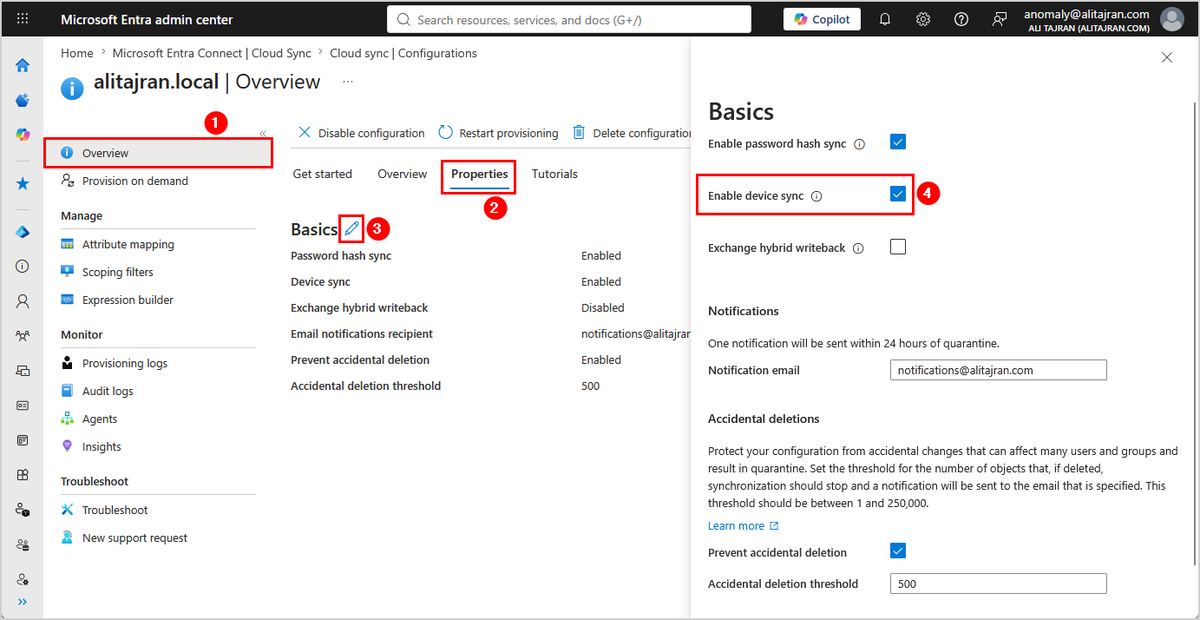 alitajran's tweet photo. Microsoft FINALLY adds support for Device Sync in Entra Cloud Sync!

For many organizations, the lack of device synchronization has been the last major blocker preventing a full migration from Microsoft Entra Connect Sync to Cloud Sync. With device sync now available, that migration is finally within reach.

Device sync lets you synchronize computer objects from Active Directory (AD) to Microsoft Entra ID by using the 𝗔𝗗𝟮𝗔𝗔𝗗𝗗𝗲𝘃𝗶𝗰𝗲𝗦𝘆𝗻𝗰 job in an AD to Microsoft Entra ID Cloud Sync configuration. After synchronization, the devices can become Microsoft Entra hybrid joined.

Note that device sync is disabled by default.

𝗣𝗿𝗲𝗿𝗲𝗾𝘂𝗶𝘀𝗶𝘁𝗲𝘀:

• Install the Microsoft Entra provisioning agent in your on-premises environment. The agent must be version 1.1.1107 or later. Download the latest available agent version from the Microsoft Entra admin center.
• Create an AD to Microsoft Entra ID Cloud Sync configuration.
• Your Microsoft Entra tenant ID and the verified domain that devices use for authentication. For federated environments, use a federated domain. Otherwise, use the primary *.onmicrosoft.com domain.
• If you need to configure the SCP, temporary access to an account that's a member of the Enterprise Admins group in each AD forest that contains domain-joined computers. Use your organization's just-in-time privileged access process, if available.
• To configure device sync in the Microsoft Entra admin center, use an account with at least the Hybrid Identity Administrator role.

Learn more:
https://t.co/V1mCpH4zHR

#Microsoft365 #EntraID #EntraConnect