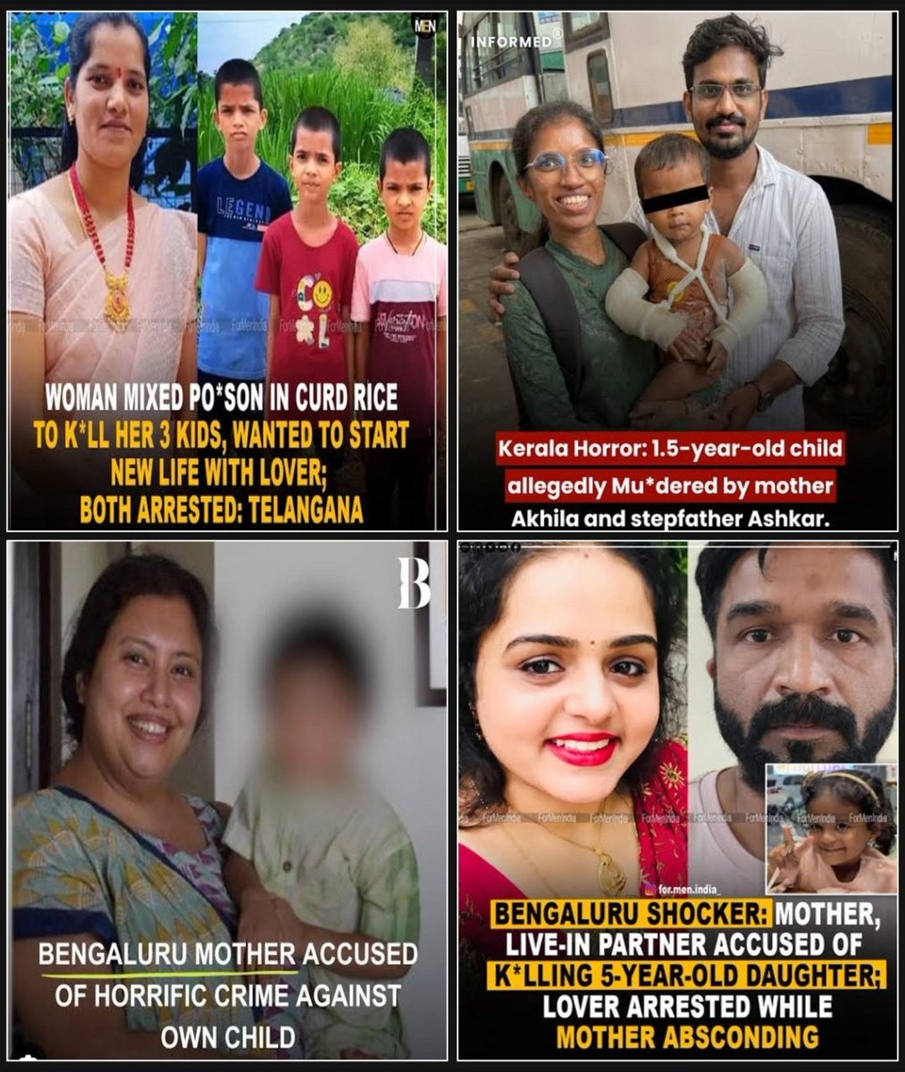 TrumpSaveBharat's tweet photo. Mothers who took the lives of their own kids.

These are not rare accidents. These are mothers who deliberately tried to end their children’s lives — for a lover, for convenience, or pure cruelty.

This is why shared parenting and regular father visitation matter.

A child needs a second parent they can turn to when the mother becomes the threat.

Without that, many of these kids have no one to report the danger to.

Stop creating a fatherless society.

Every child deserves the protection of both parents.

#SharedParenting #FathersMatter #ChildSafety