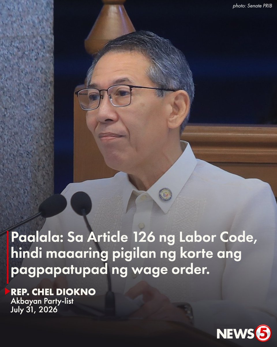 News5PH's tweet photo. ‘DI PWEDENG PIGILAN NG KORTE

Iginiit ni Akbayan Rep. Chel Diokno na hindi maaaring maglabas ang anumang korte ng injunction o temporary restraining order laban sa implementasyon ng wage order alinsunod sa Labor Code.

Sinabi ito ng kongresista kasunod ng paglalabas ng temporary restraining order ng Pasig City Regional Trial Court para suspendehin ang implementasyon ng P85 minimum wage hike sa Metro Manila.

“Dapat manaig ang batas at ang karapatan ng mga manggagawa,” giit ni Diokno.