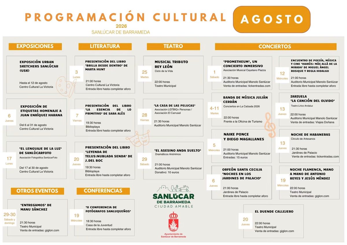 AytoSanlucar's tweet photo. 📝MÚSICA, TEATRO, LITERATURA Y EXPOSICIONES EN LA PROGRAMACIÓN CULTURAL DE AGOSTO

👉El delegado de Cultura presenta la agenda del mes, que contiene una amplia variedad de actividades para todos los públicos

#Sanlúcar #CiudadAmable #Cultura          

https://t.co/IO09vfHa4n https://t.co/nNGqWXjZup