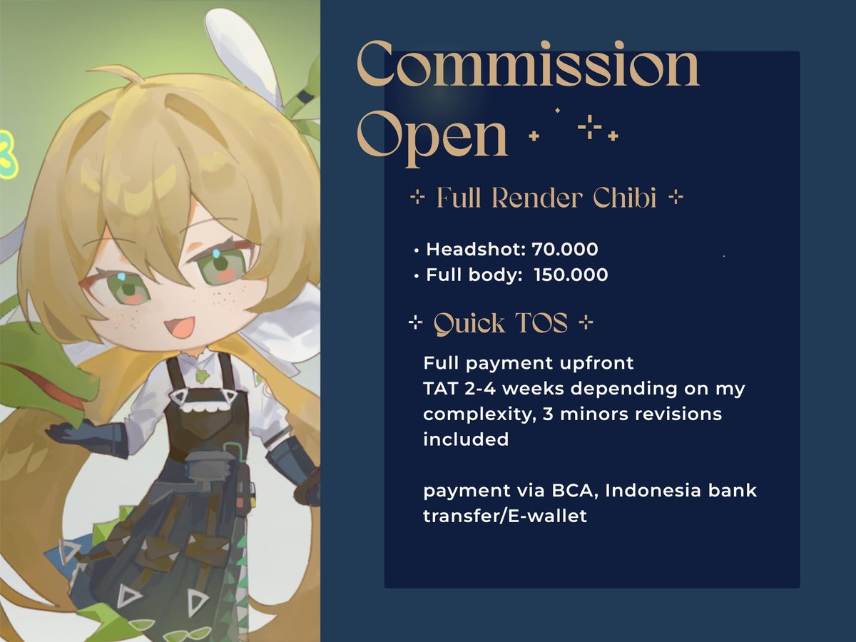 Mhluneptnn's tweet photo. ✨️  Rt &amp; likes are very appreciated ✨️

Commission local only

Slot (0/3) bs nambah kalau ternyata requestnya g sekompleks itu &amp; pengerjaannya cepet 🤔

Kalau mau pesen atau nanya2 bs dm aku yah ^^

TOS &amp; porto : https://t.co/XKZdtyQOAk

#zonakaryaid #opencommission #artidn https://t.co/tGJNCYJTYE