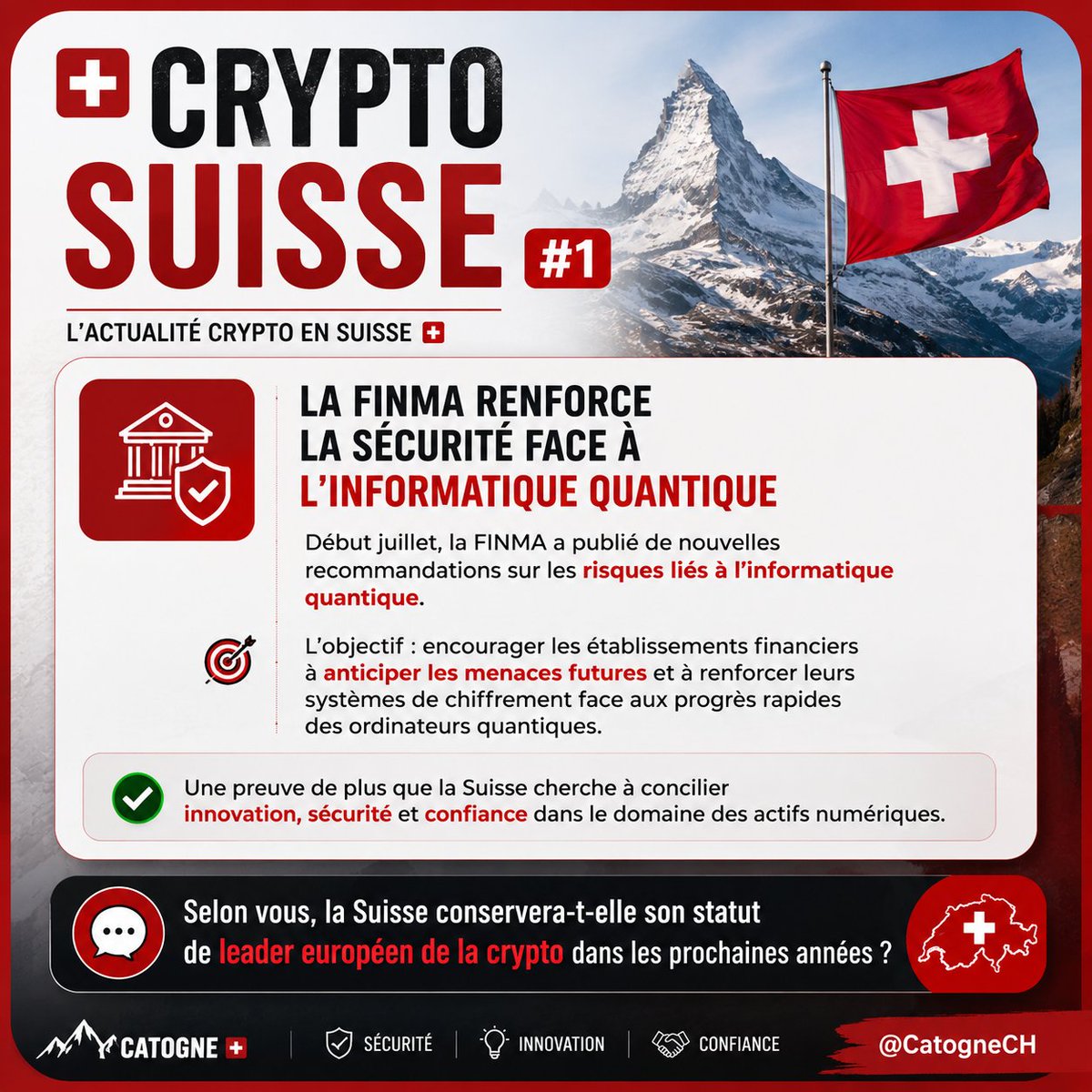 CatogneCH's tweet photo. 🇨🇭 Crypto Suisse #1

La Suisse continue de préparer son secteur financier aux défis de demain.
Début juillet, la FINMA a publié de nouvelles recommandations sur les risques liés à l'informatique quantique. L'objectif est d'encourager les établissements financiers à anticiper les menaces futures, notamment en renforçant leurs systèmes de chiffrement face aux progrès des ordinateurs quantiques. �
Eidgenössische Finanzmarktaufsicht FINMA

👉 Une preuve de plus que la Suisse cherche à concilier innovation, sécurité et confiance dans le domaine des actifs numériques.

💬 Selon vous, la Suisse conservera-t-elle son statut de leader européen de la crypto dans les prochaines années ?

#CryptoSuisse #Crypto #Bitcoin #Web3 #FINMA #Suisse