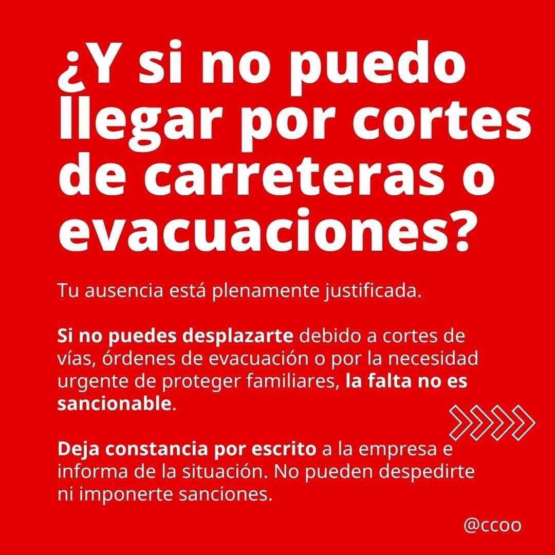 CCOO's tweet photo. Ante los riesgos derivados por el fuego, la legislación te protege. 

Debes saber que tienes derecho a no acudir a trabajar si tu salud peligra, tus ausencias están justificadas y dispones de hasta 4 días de permiso retribuido. https://t.co/0XkryaBfc5