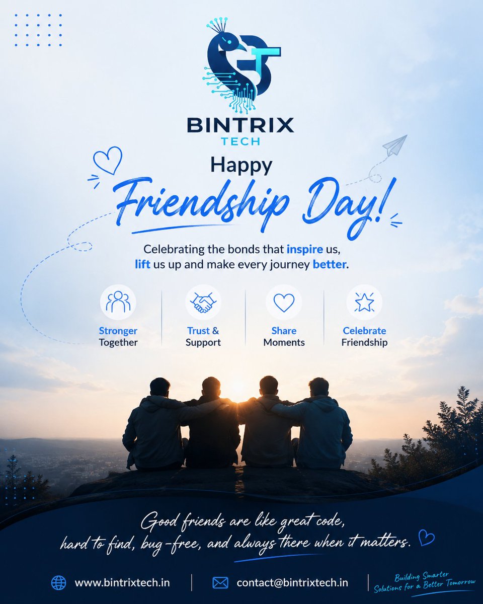 BintrixTech's tweet photo. 🤝 Happy Friendship Day!

Great friendships are like great code—built on trust, collaboration, and support. 💙

Here's to the people who inspire us to build a better tomorrow.

🌐 https://t.co/LEFY2fnbLi

#FriendshipDay #BintrixTech #Teamwork #Innovation https://t.co/prvB43pEiB