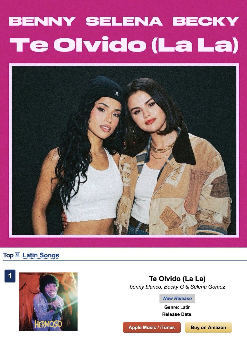 WORLDMUSICAWARD's tweet photo. #BennyBlanco's “Te Olvido (La La)” with #SelenaGomez &amp; #BeckyG  has debuted at #1 on US iTunes (Latin)! 💪🕺🏻🆕🎶💃🏻💃🏻💥1⃣🇺🇸🎵🌶️👑👑👑❤️‍🔥

STREAM: https://t.co/16zSXaGqQZ 

@ItsBennyBlanco @selenagomez @iambeckyg https://t.co/eslFJCGQca
