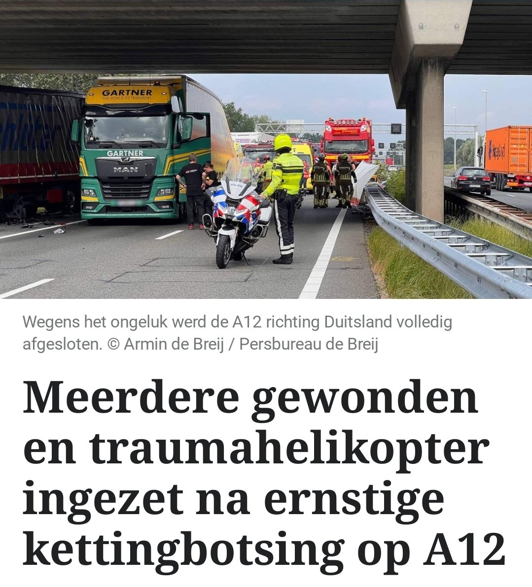Ernstig ongeval op de A12 bij Babberich