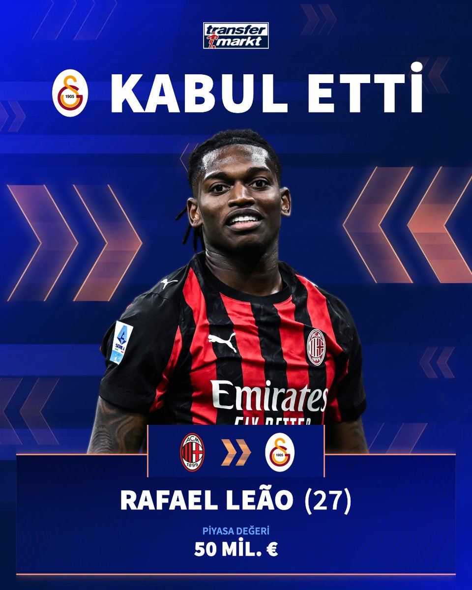 TMtr_news's tweet photo. 🤝 Galatasaray, Rafael Leao ile anlaştı!

ℹ️ Galatasaray Sportif A.Ş. Başkan Vekili Abdullah Kavukcu, Dursun Özbek'ten maddi anlamda onay bekliyor.

📎 Burhan Can Terzi

➡️ https://t.co/6rzkDMu8ua https://t.co/K55vye1zfj