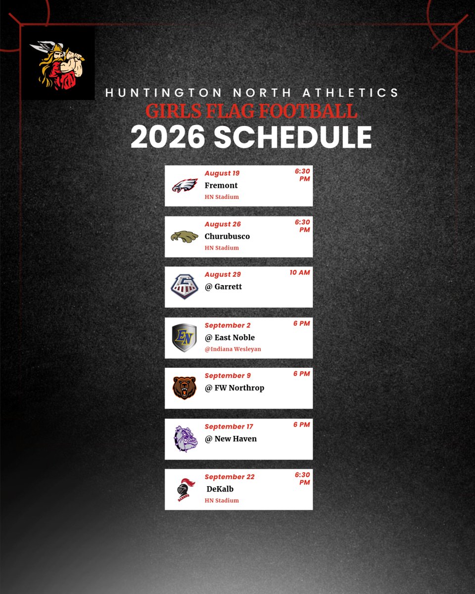 hnvikings's tweet photo. 2026 Girls Flag Football Schedule. Schedules subject to change #GoVikings https://t.co/1Hbvz7Thrt