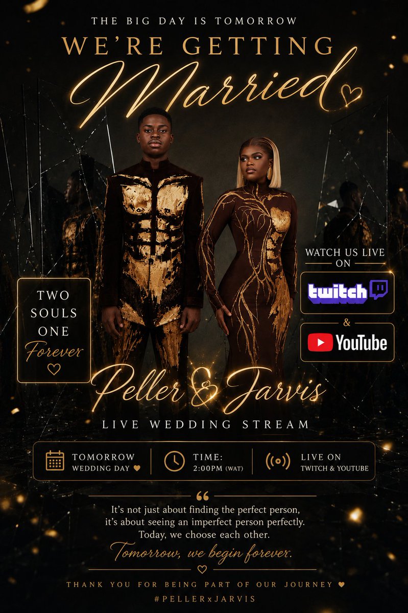 Threexixty360's tweet photo. Two hearts, one beautiful journey. 💍❤️ Peller and Jarvis are tying the knot tomorrow, streaming live at 2 PM on YouTube and Twitch. Let's celebrate love together! ✨ https://t.co/pj1kUSZNSZ