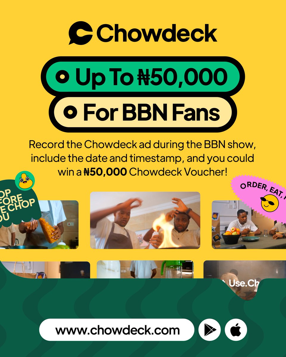 chowdeck's tweet photo. Consider this your first official mission!📣

✨ Take a picture or video of our ad while you watch #BBNaija
✨ Make sure the date and timestamp are visible. Entries without these will NOT be considered.
✨ Quote this post with your entry. It is important that you tag @Chowdeck, and use the hashtags #BBNaijaXChowdeck and #JustUseChowdeck
✨ Stand a chance to win Chowdeck vouchers worth up to ₦50,000!

You can catch our ad on DStv Channel 198 and GOtv Channel 49, or stream it digitally using the DStv Stream app🚀

#BBNaijaXChowdeck #JustUseChowdeck #BBNaijaS11