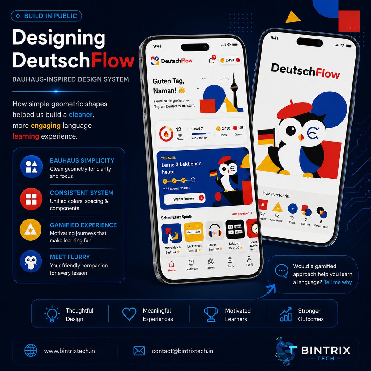 BintrixTech's tweet photo. 🚀 Build in Public
DeutschFlow uses a Bauhaus-inspired design system with bold shapes, clean hierarchy &amp; a playful mascot to make language learning engaging.

Would gamification motivate you to learn every day? 👇

🌐 https://t.co/LEFY2fnbLi

#BuildInPublic #UIDesign #BintrixTech https://t.co/ormF8evbqy