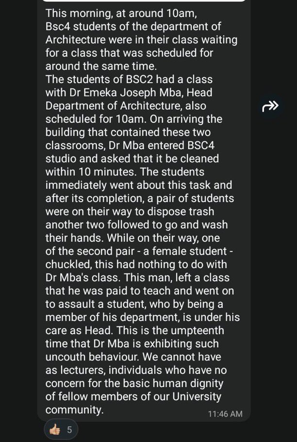 unnstudentz's tweet photo. The  Head of the Architecture Department, UNN Dr. Emeka Mba called out for allegedly harassing a female student because she chuckled while he was in class. https://t.co/UrCIGkisem