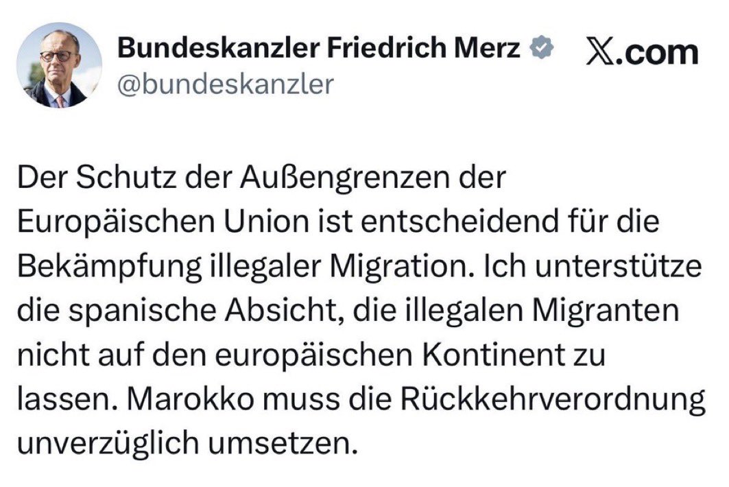 BrennpunktUA's tweet photo. Hier der alte Tweet: 
Marokko 🇲🇦 einfach mal aus der Pflicht genommen, stattdessen wird Sánchez blind vertraut. Kein Wort der Unterstützung Spanien 🇪🇸 vorläufig aus dem Schengen Raum auszuschließen, wie es Italien 🇮🇹, Finnland 🇫🇮 und auch Schweden 🇸🇪 fordern. Schwach, Herr Merz! https://t.co/KXmbgJQMIW
