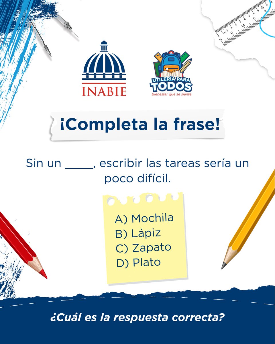 INABIERD's tweet photo. ¡Completa la frase! 💬

¿Qué útil escolar consideras indispensable para escribir la tarea? 👀 Te leemos en los comentarios. 

📌Mantente atento a tu centro educativo, ya que será el encargado de informar la fecha y modalidad de entrega a los estudiantes🎒.

INABIE: Bienestar que trasciende 🇩🇴

#INABIE #BienestarQueTrasciende #UtileríaParaTodos #BienestarQueSeSiente #UtileríaEscolar