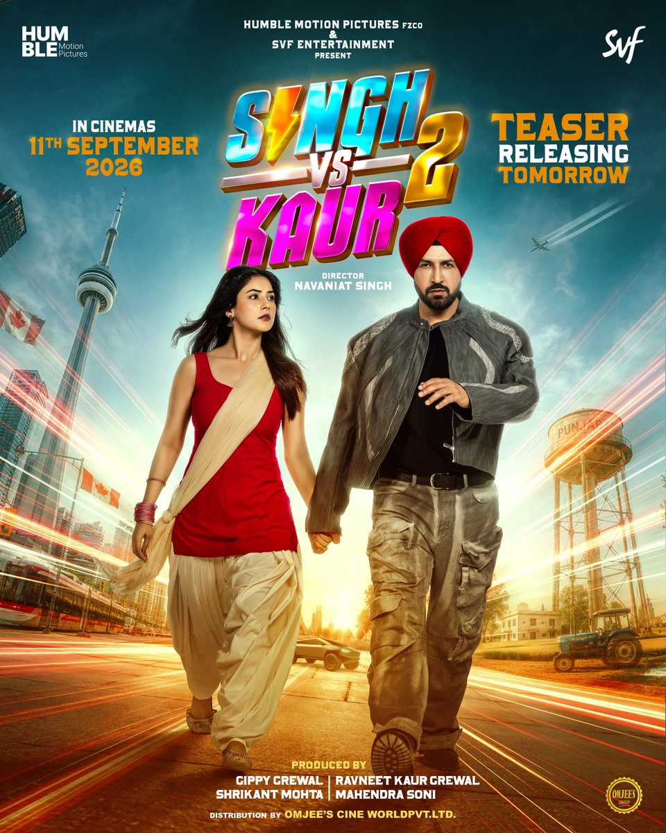 SVFsocial's tweet photo. Nihaal Singh Vs Jasneet Kaur 🔥

#SinghVsKaur2 Teaser Out Tomorrow 🤩

Releasing Worldwide on 11 September 2026

@GippyGrewal @ishehnaaz_gill @Princekanwalji1 @raghveerboli @RavneetGrewal__ @humblemotionpic @shrikantmohta @abhishekdagaa @iammony 
@SVFsocial @navaniat #munishomjee
@OmjeeGroup