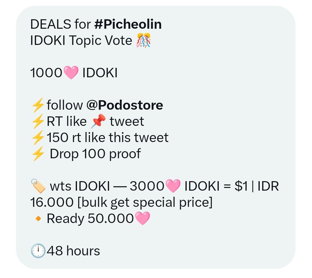HamzziOchi's tweet photo. DEALS for #Picheolin
IDOKI Topic Vote 🎊

1000🩷 IDOKI

⚡follow @Podostore 
⚡RT like 📌 tweet
⚡150 rt like this tweet
⚡ Drop 100 proof

🏷️ wts IDOKI — 3000🩷 IDOKI = $1 | IDR 16.000 [bulk get special price]
🔸️Ready 50.000🩷

🕛48 hours https://t.co/gxfxLvMo0K