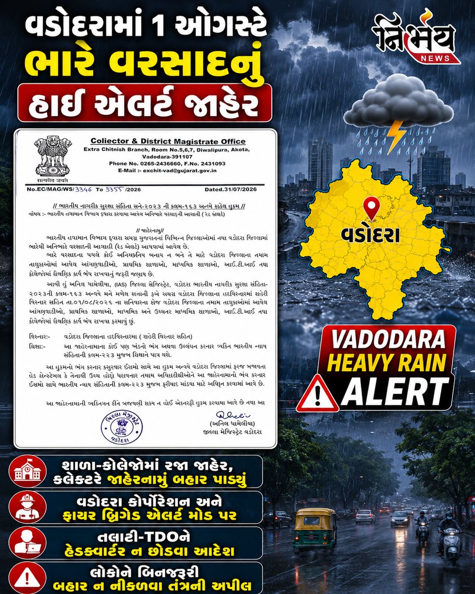 nirbhaynews1's tweet photo. Vadodara Rain Alert : વડોદરામાં 1 ઓગસ્ટે ભારે વરસાદનું હાઇ એલર્ટ જાહેર
#VadodaraRainAlert #RainfallAlert #Rainfall #Nirbahynews #heavyrainupdates #rainfallnews https://t.co/QTlwJH1w5P