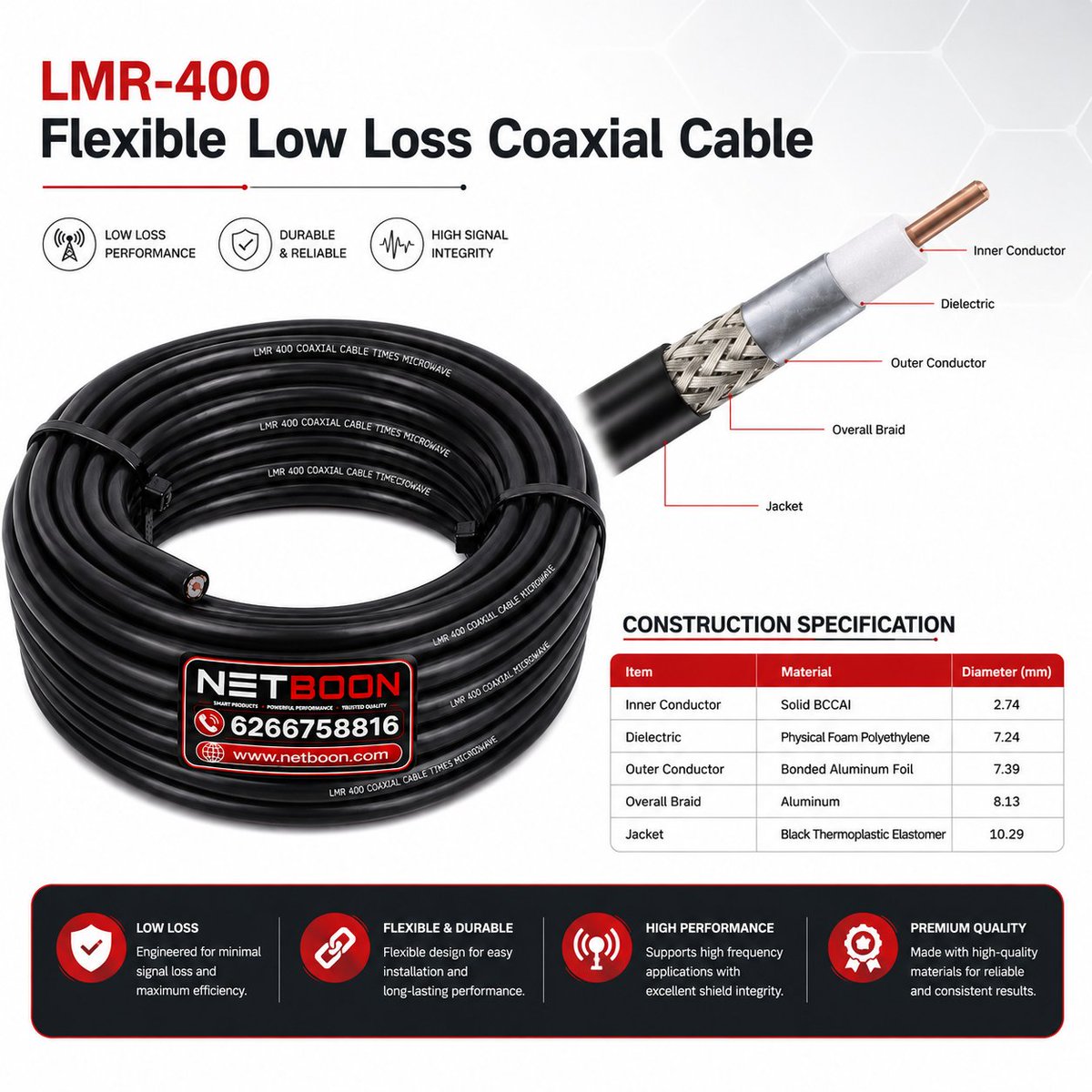 netboonindia's tweet photo. Power your wireless connectivity with NETBOON LMR 400 Low Loss RF Coaxial Cable!

Ideal for WiFi, WLAN, WISP, GPS, 4G/5G, GSM, Signal Boosters &amp; RF applications.
🔗 Shop Now: https://t.co/bim6GRC5rl
#LMR400 #RFCable #WiFi #WISP #5G #RF https://t.co/DsBcOeyhre