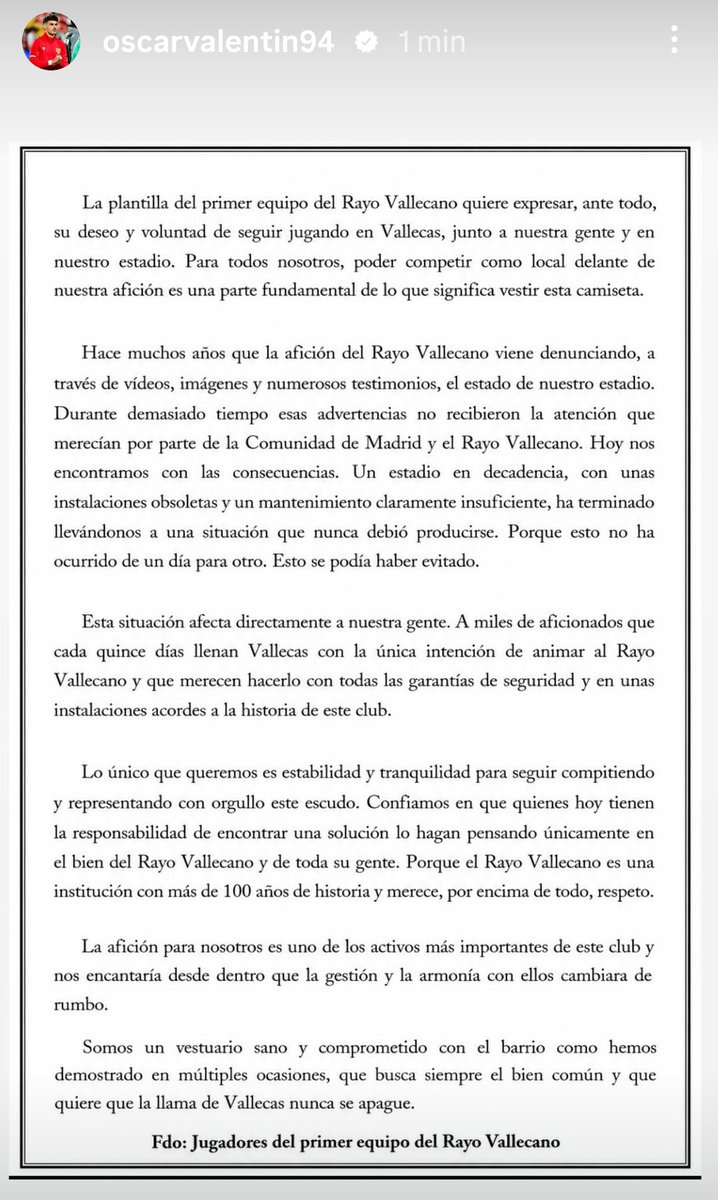 AS_MMartin's tweet photo. ⚡La plantilla rayista emite un comunicado
🗣️"Hace muchos años que la afición denunciaba el estado de nuestro estadio. Durante demasiado tiempo esas advertencias no recibieron la atención que merecían por parte de la Comunidad y el Rayo. Hoy nos encontramos con las consecuencias" https://t.co/TSZICwOdKy