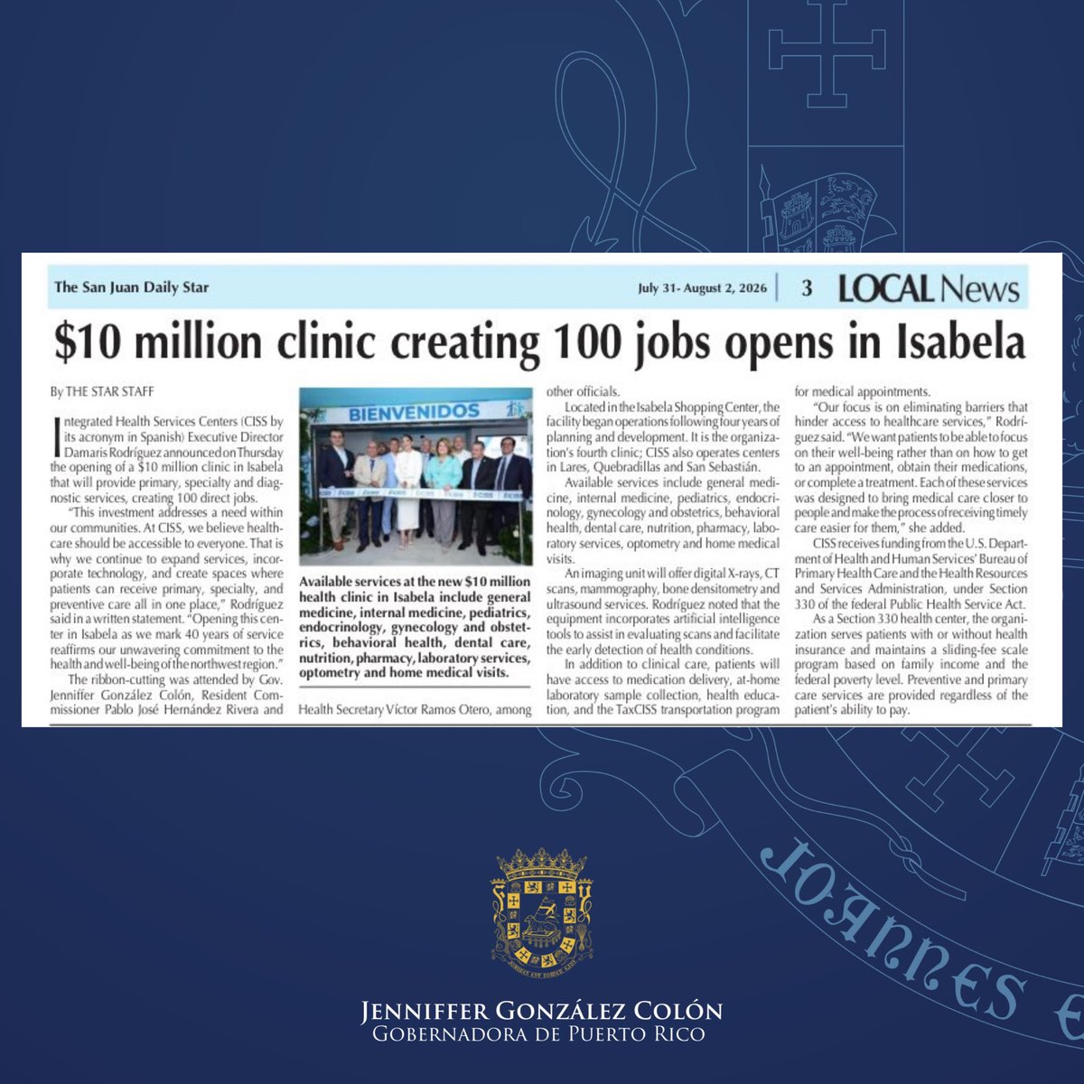 Jenniffer's tweet photo. The opening of the new Integrated Health Services Center (CISS) in Isabela represents a $10 million investment that will bring high-quality healthcare services closer to families across Puerto Rico’s northwestern region while creating 100 new jobs.

We continue advancing efforts to secure the long-term stability of Medicaid funding and protect access to essential healthcare services for the 1.3 million U.S. citizens who call Puerto Rico home.

We remain committed to strengthening Puerto Rico’s healthcare system, expanding access to quality care, and creating new opportunities for communities across the Island.