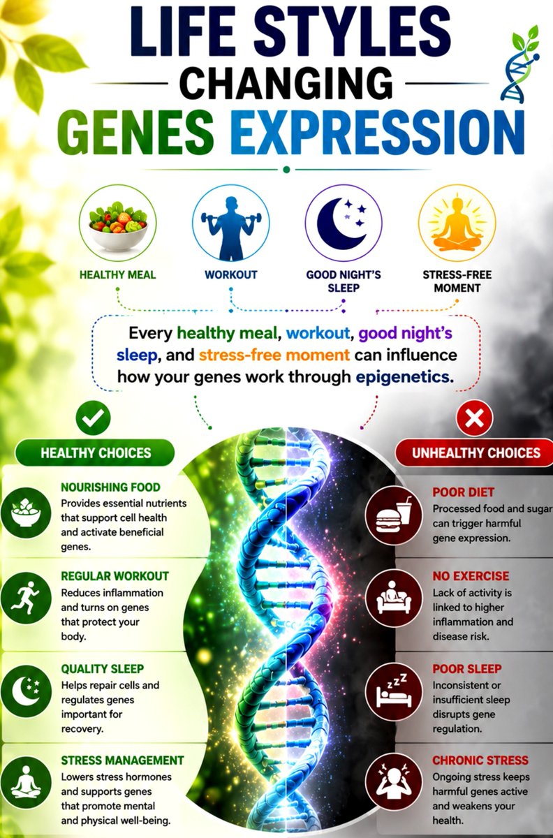 ShafiqueSh85525's tweet photo. Life styles can change genes expression

Every healthy meal, workout, good night’s sleep, and stress-free moment can influence how your genes work through epigenetics.

You don’t rewrite your DNA—you help decide which genes get switched on or off. https://t.co/q2cte4cEDC