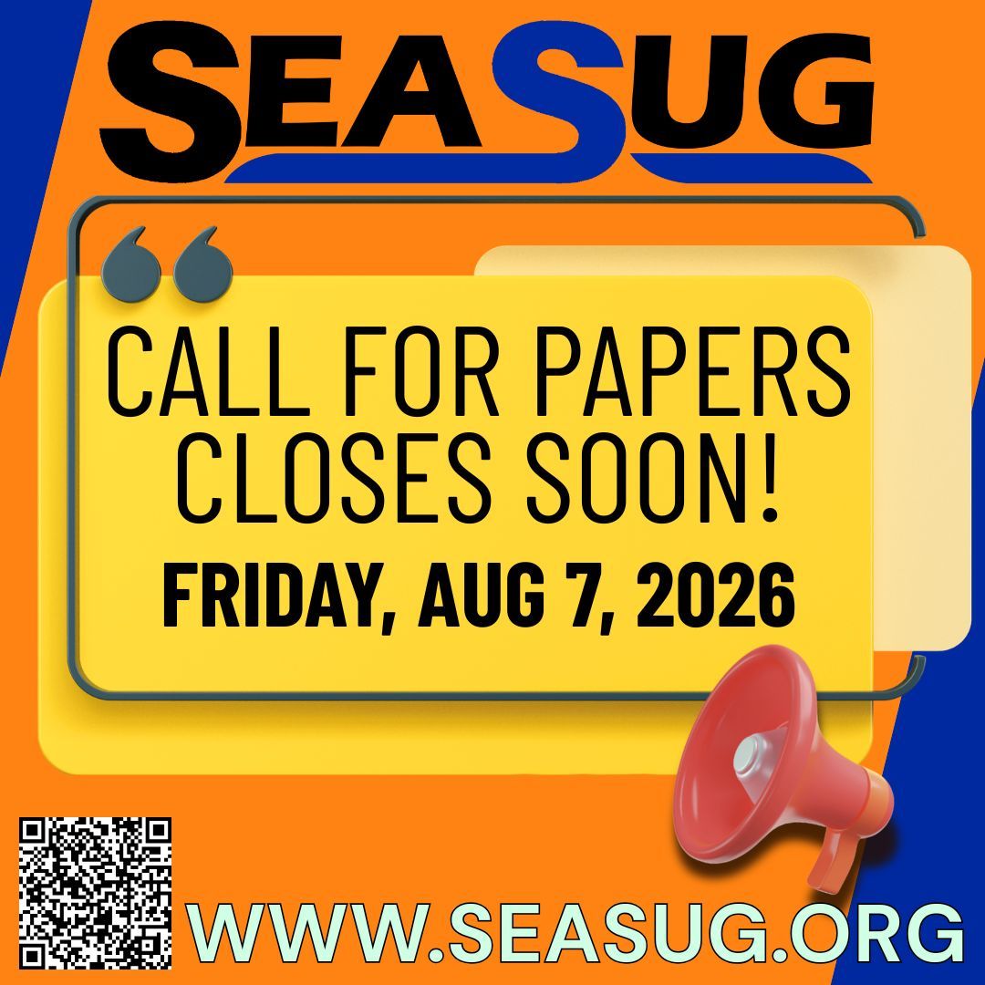 SEASUG_'s tweet photo. The SEASUG 2026 Call for Papers closes 𝐅𝐫𝐢𝐝𝐚𝐲, 𝐀𝐮𝐠 𝟕, and there's still time to submit your abstract! You don't need to have invented a new algorithm or written thousands of lines of code. https://t.co/cqfyBtRrkR #SEASUG #SAS #CallForPapers #Analytics #DataScience https://t.co/dh7mCmqhV4