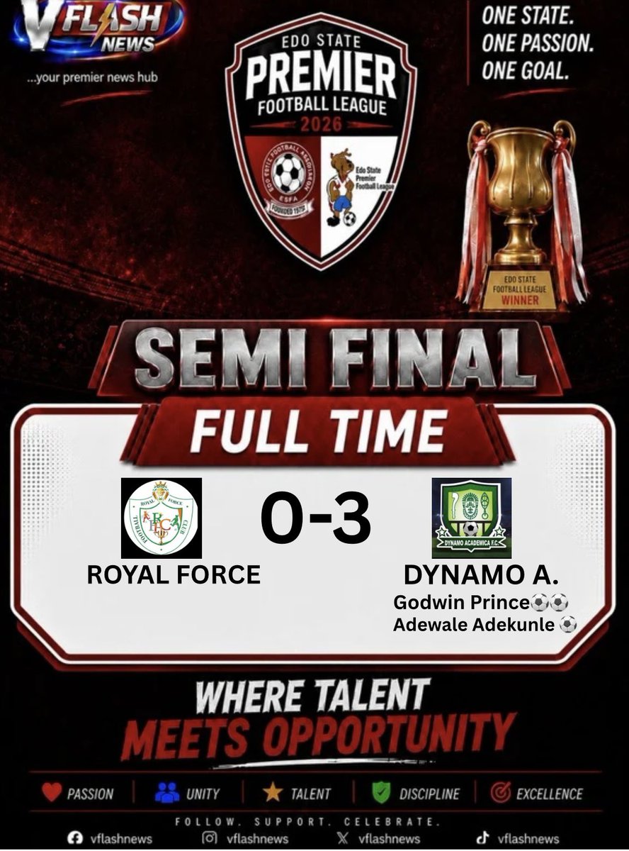 vflashnews's tweet photo. Congratulations to Dynamo Academica on reaching the final! 👏🏆

It’s the end of the road for Royal Force FC.
#edopremierfootballleague2026 https://t.co/AYnpt0FUp3