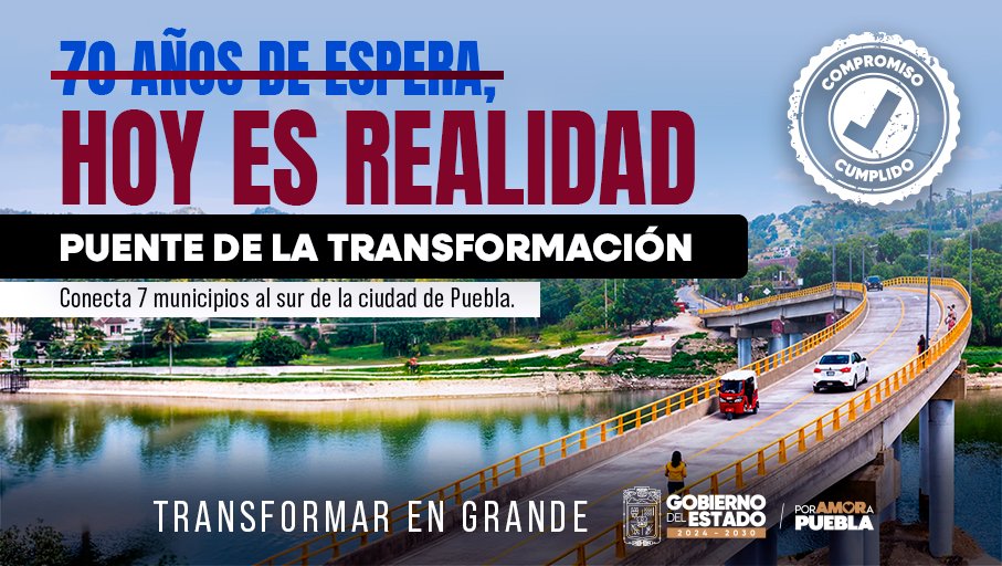 laredcincoradio's tweet photo. 🚗 || El Puente de la Transformación comenzó a operar como una nueva vía de conexión para siete municipios del sur de Puebla, una obra que busca reducir tiempos de traslado y fortalecer la movilidad y el desarrollo en la región. https://t.co/Ztn8hcLLAu