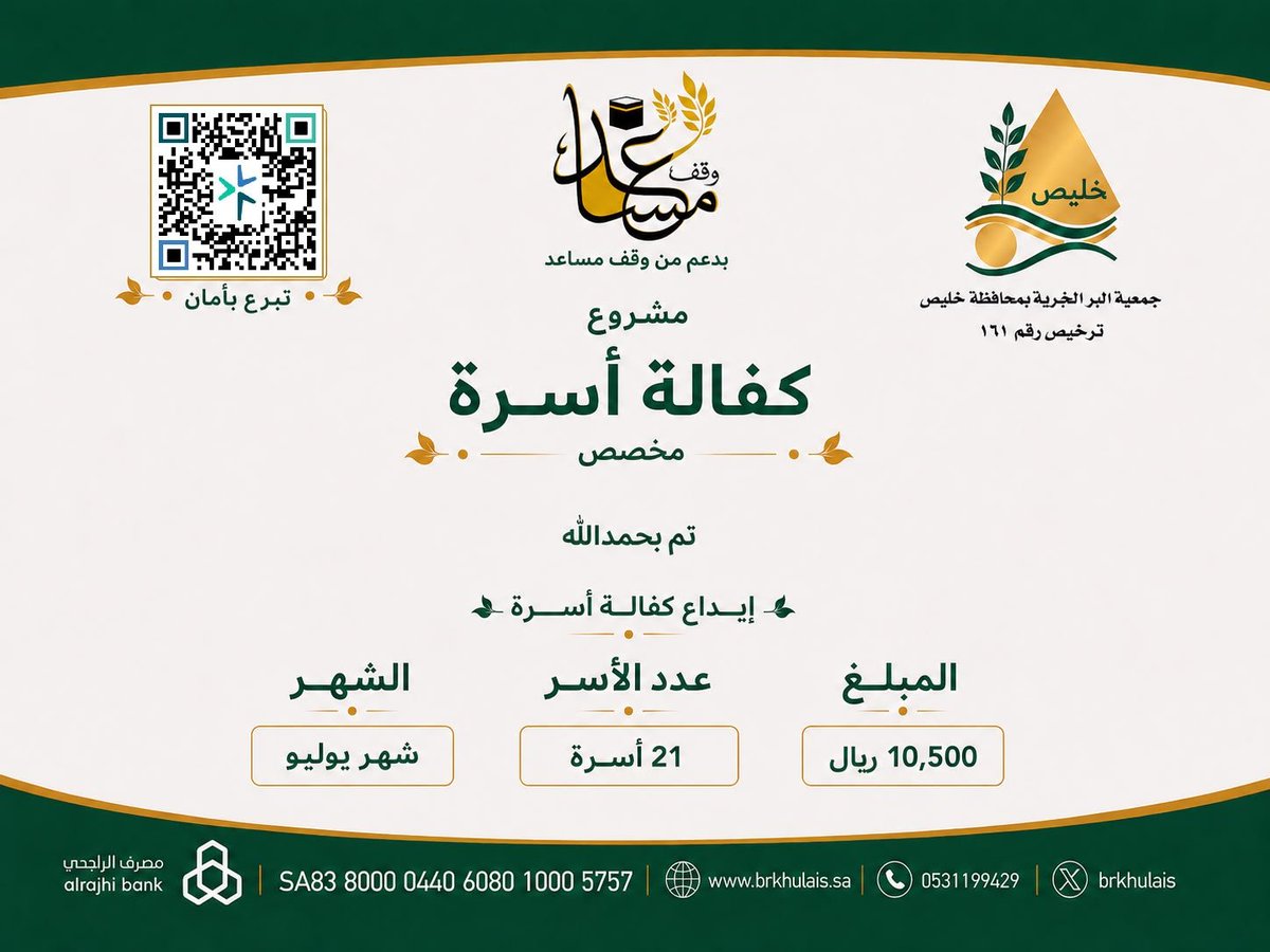brkhulais's tweet photo. :
#جمعية_البر_بمحافظة_خليص
     #بدعم_كريم_من_وقف_مساعد
تودع في حساب الأسر مبلغ 10,500ريال كفالة مخصصة 
استفاد منه 21 أسرة.
عطاؤكم يبقى أثرآ جميلا مباركآ 🍃
#شكرآ_لدعمكم_وتقبل_الله_إحسانكم🍂
لدعم مشروع كفالة أسرة_ الراجحي 
SA8380000
440608010005757 https://t.co/RdmKo7CofK