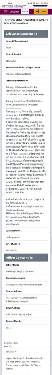 jayverma50's tweet photo. @AshwiniVaishnaw @narendramodi @RailMinIndia @DARPG_GoI @DoPTGoI @PMOIndia 
VERY VERY URGENT: RRB NTPC (CEN 07/2025) Result will coming in August and my CPGRAMS (MORLY/E/2026/0032432) for huge response sheet discrepancy is pending since last 30 days without any reply. 
#RRB_SCAM https://t.co/q3c4DbFuaz