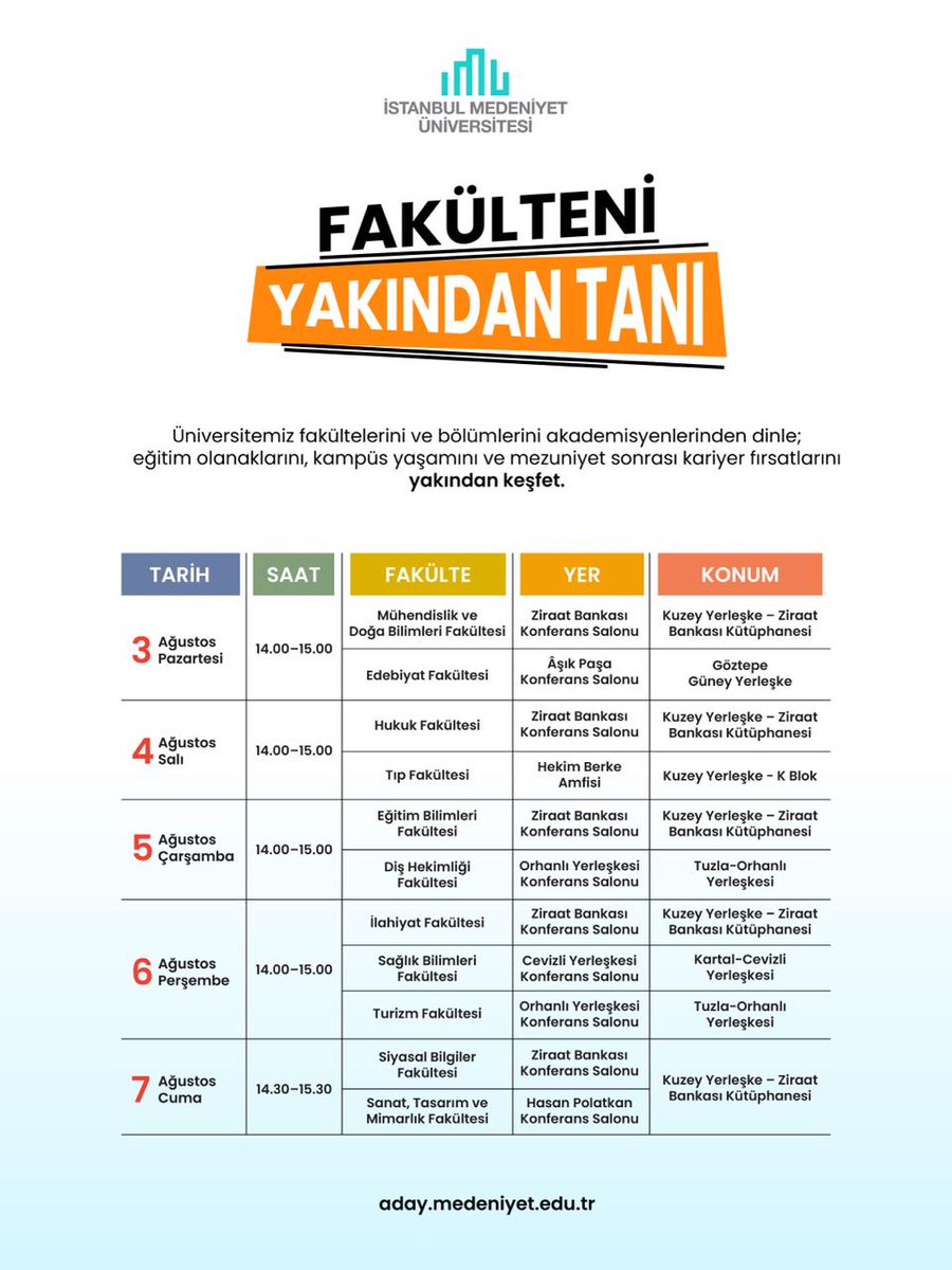 istmedeniyet's tweet photo. Tercih sürecinde fakülteni yakından tanımaya davet ediyoruz. 📚
3-7 Ağustos'ta düzenlenecek Fakülte Tanıtım Programlarında akademisyenlerimizle buluşarak eğitim olanakları, kampüs yaşamı ve kariyer fırsatları hakkında bilgi alabilirsiniz. https://t.co/Sy1I3gzL0S
