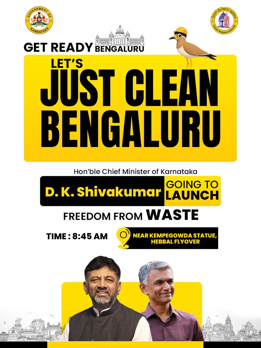 krishnabgowda's tweet photo. Tomorrow, Hon'ble Chief Minister @DKShivakumar will launch the Freedom From Waste campaign at 9:00 AM, Hebbal Flyover, marking the beginning of a citywide mission to eliminate waste, restore public spaces and build lasting civic pride.

I invite you to join us as we take the first step towards a cleaner, greener and more responsible Bengaluru.

Together, let's Just Clean Bengaluru. For a Better Bengaluru.

#FreedomFromWaste #JustCleanBengaluru #BetterBengaluru